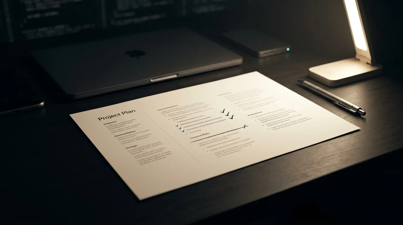 A laptop and a printed page on a dim, lamp-lit desk laid out like a project plan, with a line struck through near the bottom; the body text is illegible AI-generated placeholder text, not real content