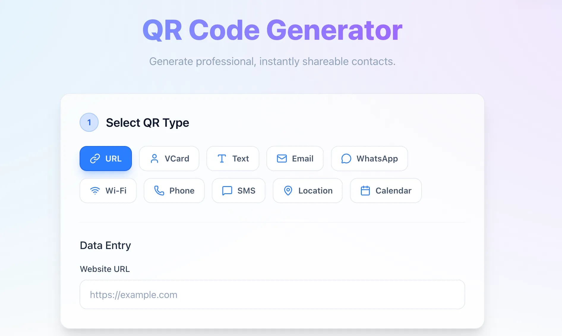 QR Code Generator: pick a QR type — URL, VCard, text, e-mail, Wi-Fi — then fill in the data