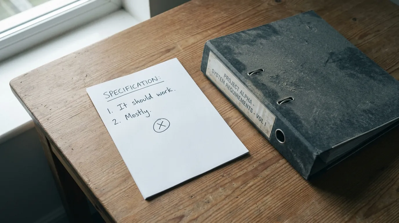 A handwritten note reading Specification, it should work, mostly, with a circled X, next to a worn binder labeled Project Alpha system requirements