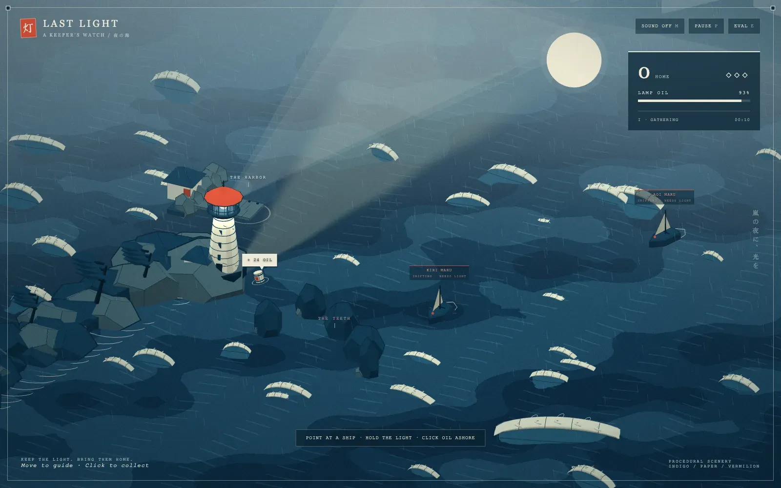 GPT Sol 6.1 run, ten seconds in: an isometric indigo sea with paper-white curling waves, a white lighthouse with a vermilion roof on a rocky island, a pale moon, two labelled sailboats and a keeper's panel with lamp oil.